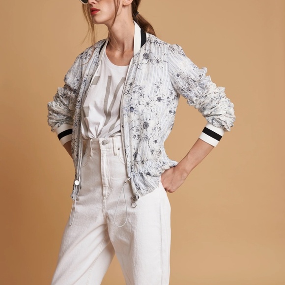 Chelsea And Walker Tamara Silk Bomber Jacket Gathered Sleeves White Blue Print - Picture 7 of 16